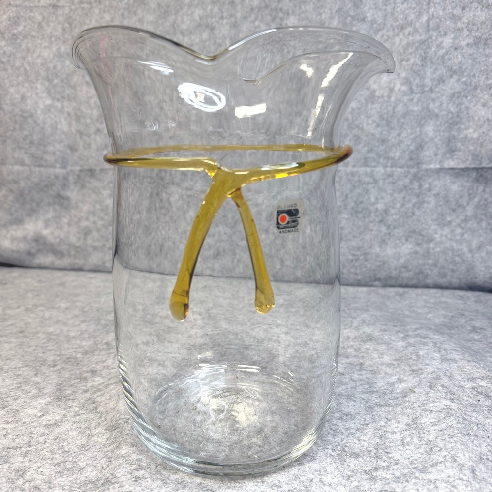 Blenko Art Glass Clear Pitcher Amber Wrap Tie Detail Handblown Vintage MCM 9.5"